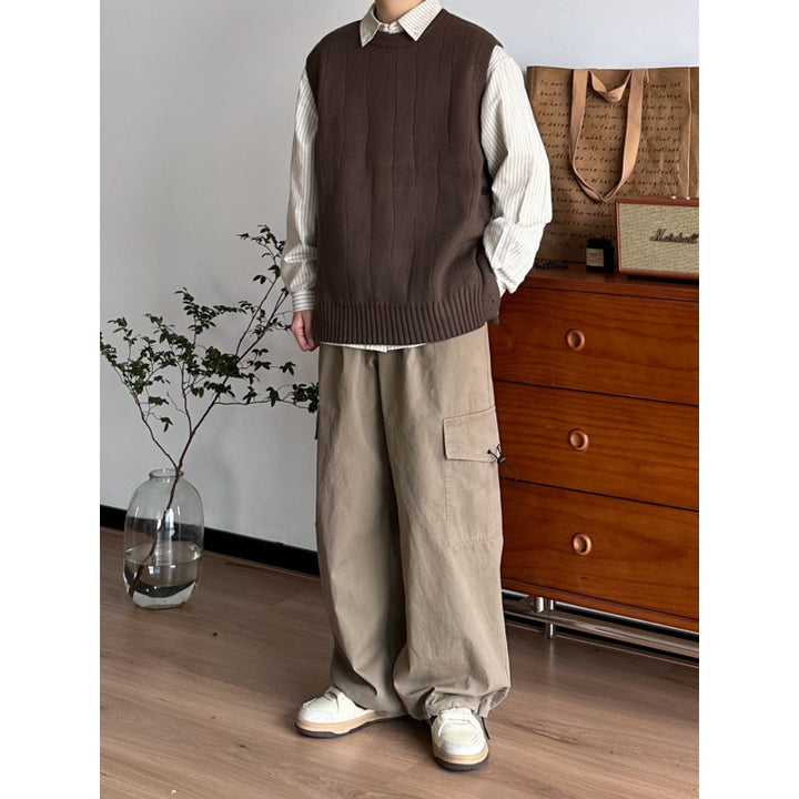 Herren Oversized Ärmellose Strickweste mit geripptem Saum und Rundhalsausschnitt Drune