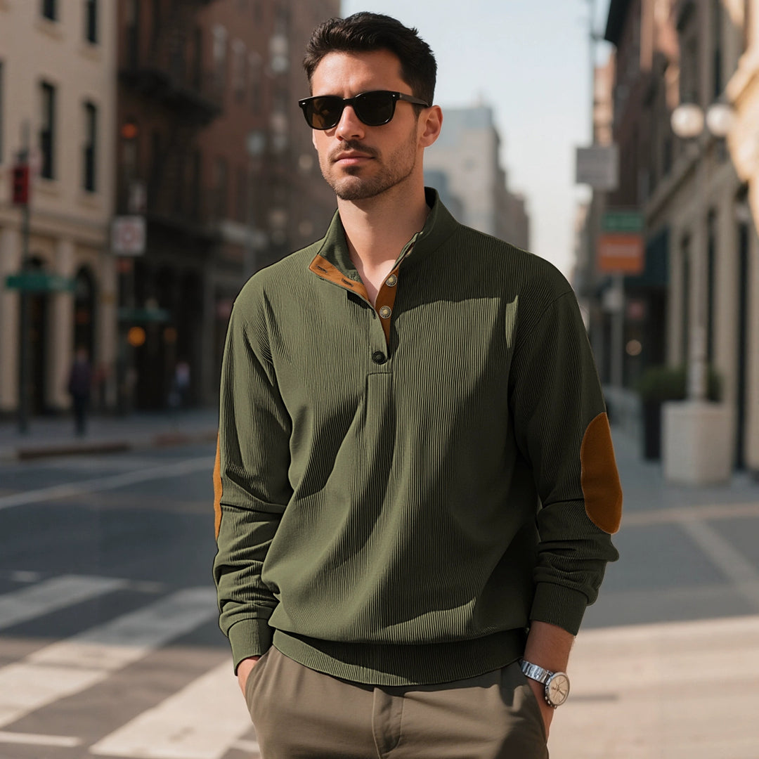 Herren nan lässiger Strukturpullover mit Polokragen, kurzer Knopfleiste und veganen Lederbesätzen Drune