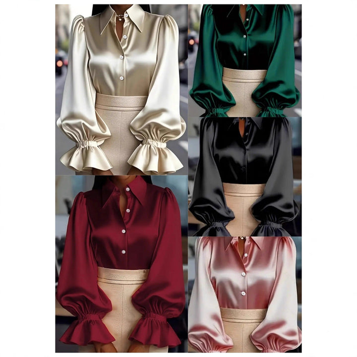 Damen elegante Seidenbluse mit Puffärmeln und schicker Knopfleiste Drune