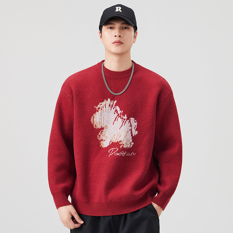 Herren Modischer Grobstrickpullover mit kreativer Tiermotiv-Applikation Drune