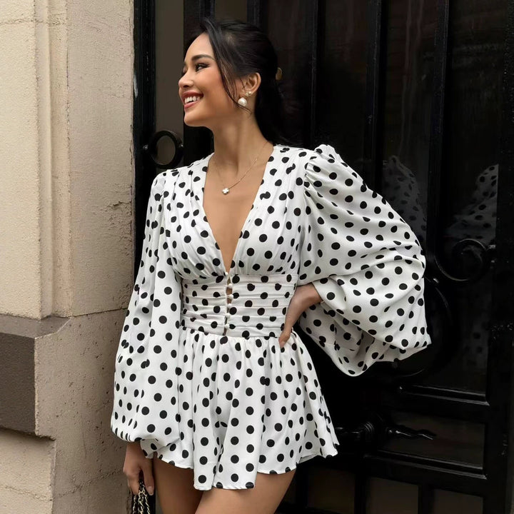 Damen Kurzes Polka‑Dot Kleid mit tiefem V‑Ausschnitt, Ballonärmeln und Knopfleiste Drune