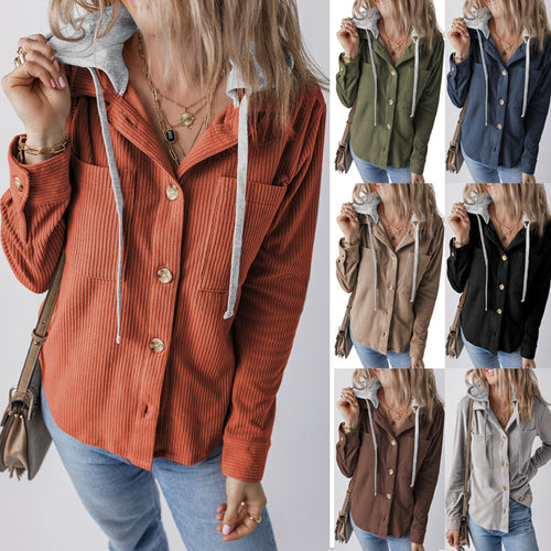 Damen lässige Hemdjacket mit Kapuze und seitlichen Taschen Drune