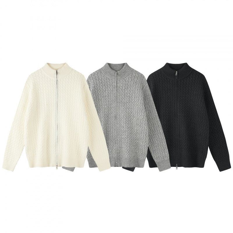 Unisex Boxy-Strickjacke mit Zopfmuster, Stehkragen und Zwei-Wege-Reißverschluss Drune