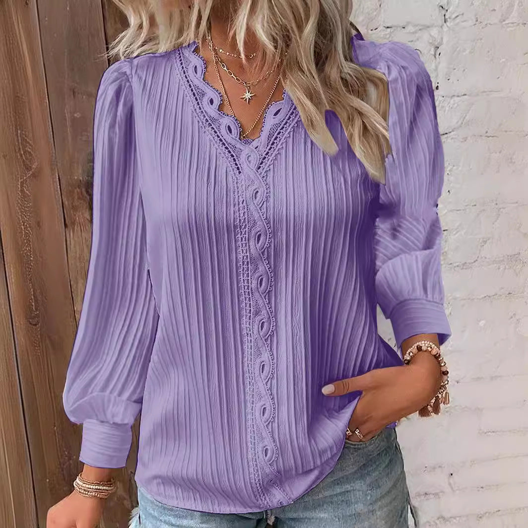 Damen nan romantische V-Ausschnitt Spitzenbluse mit Plissee und Puffärmeln Drune