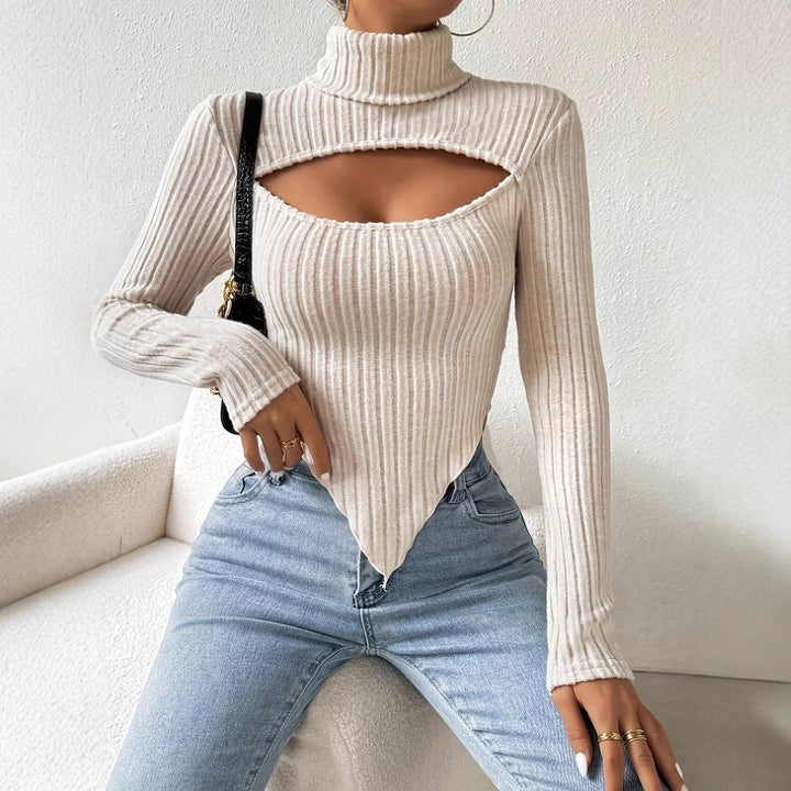 Damen geripptes Rollkragen-Top mit Cut-Out, spitz zulaufendem Zipfel-Saum und figurbetonter Stretch-Passform Drune