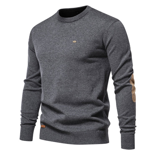 Herren Rundhals Pullover aus feiner Baumwolle mit eleganten Ellbogenpatches Drune