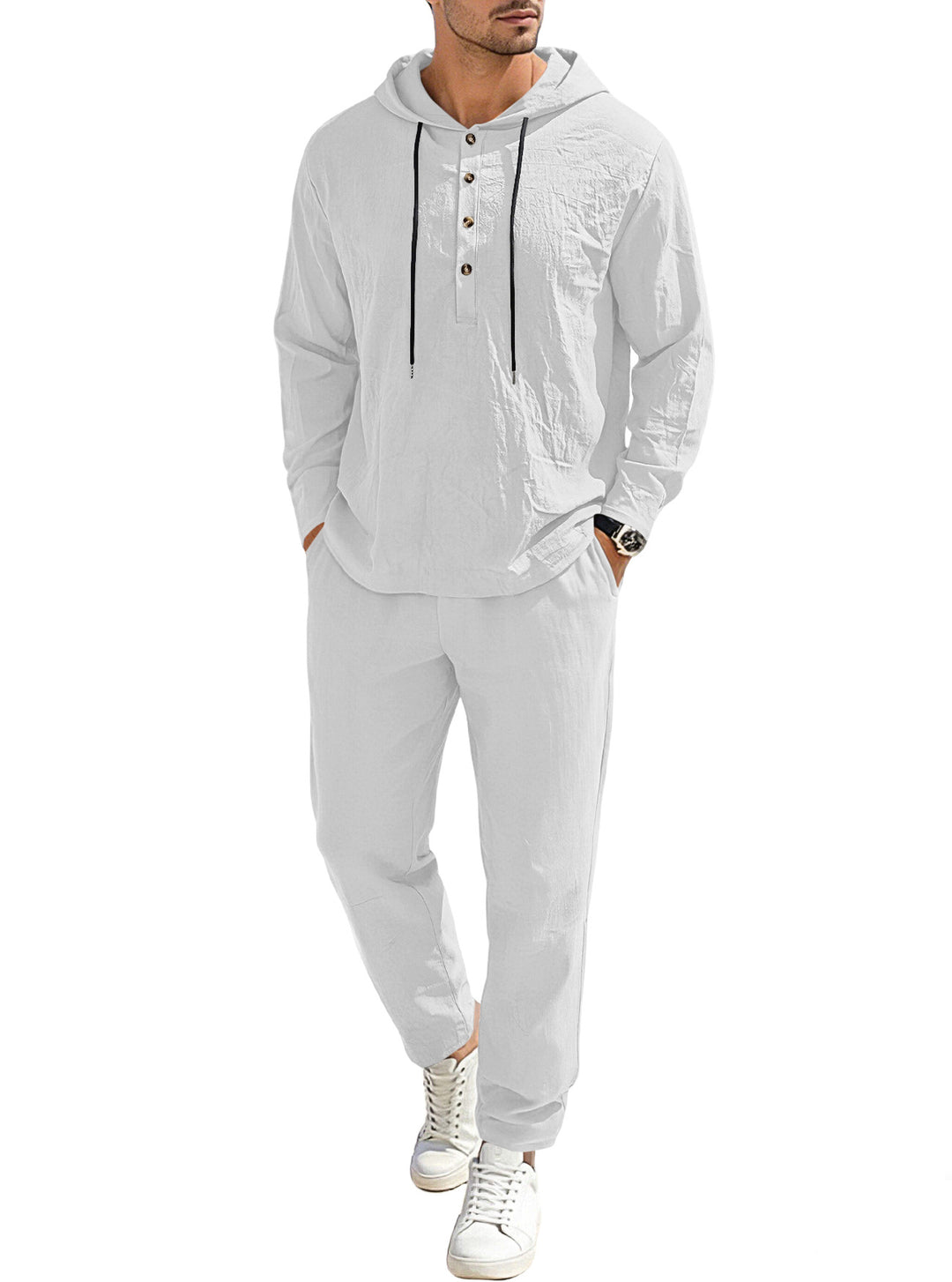 Herren nan entspannter Kapuzen-Henley Freizeitanzug aus leichter Baumwollmischung in Leinenoptik mit Kordelzug und elastischer Bundhose Drune