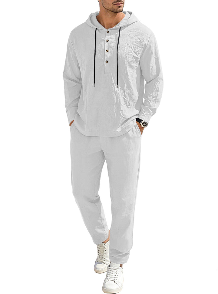 Herren nan entspannter Kapuzen-Henley Freizeitanzug aus leichter Baumwollmischung in Leinenoptik mit Kordelzug und elastischer Bundhose Drune