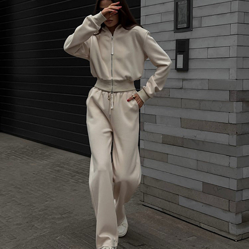 Damen Zweiteiliges Loungewear-Set mit kurzem Zip-Bomber und weiter High-Waist-Palazzohose Drune