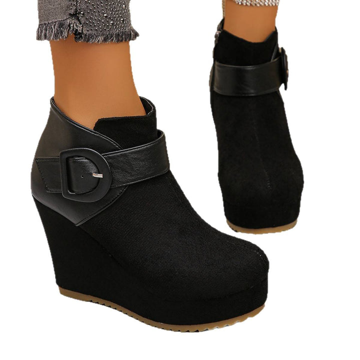 Damen Modische Wedge Stiefeletten mit Reißverschluss und Schnallen-Detail Drune
