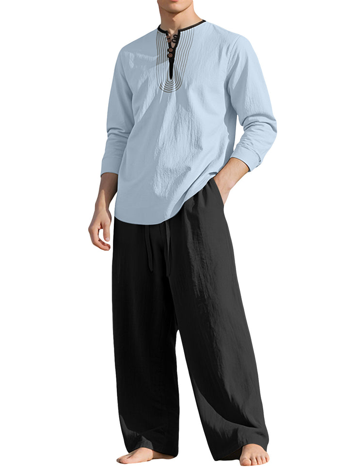 Herren nan Tunika- und Palazzohose-Set mit Henley-Blende, Zierstickerei und weitem Schnitt Drune