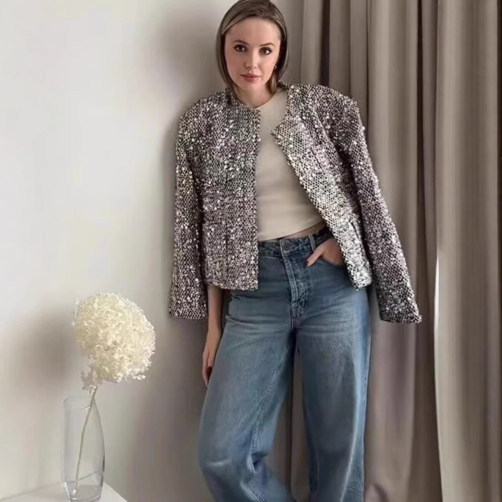 Damen nan strukturierte Boucléjacke mit Stehkragen, aufgesetzten Taschen und elastischem Saum Drune