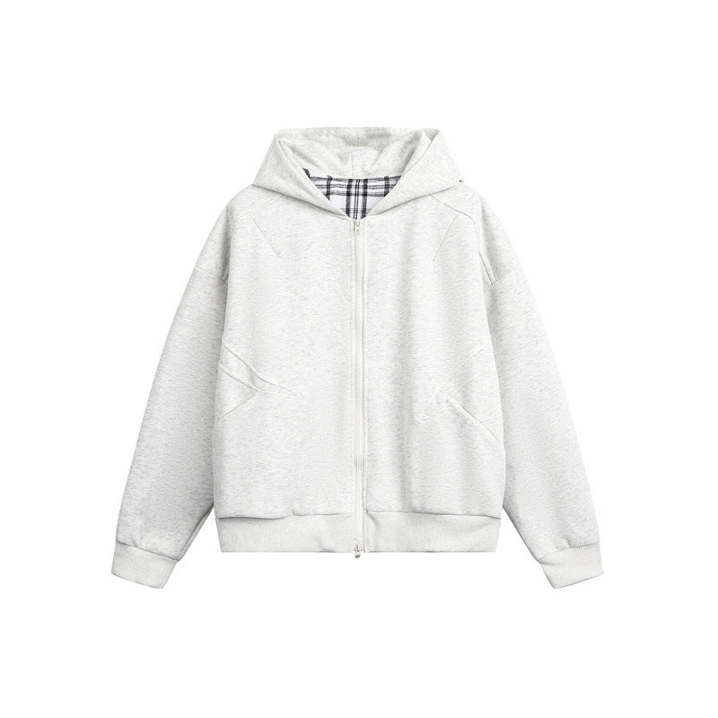 Unisex Kapuzen‑Sweatjacke mit Zweiwege‑Reißverschluss und kariertem Kapuzenfutter Drune