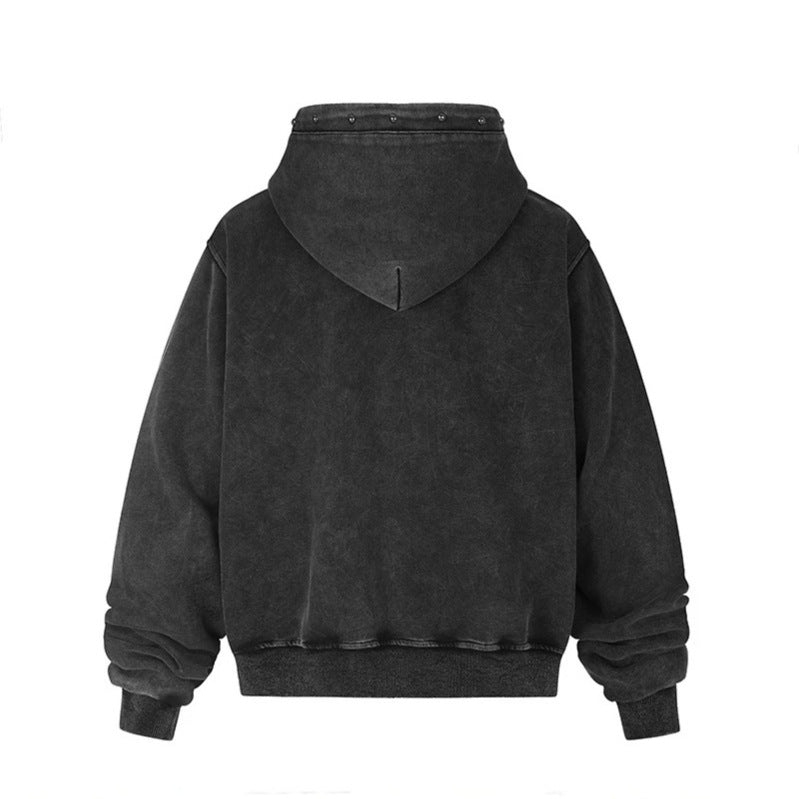 Herren Kapuzen‑Sweatjacke mit Vintage‑Waschung, oversized Cut, Patch‑Print und Nietenbesatz Drune