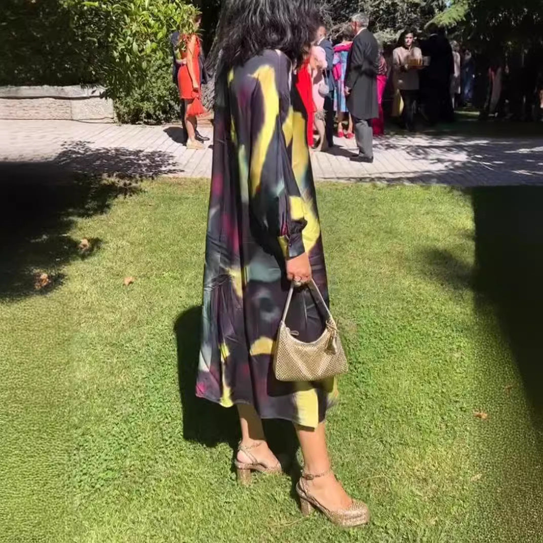 Damen nan fließendes Midikleid mit abstraktem Print, V-Ausschnitt, Ballonärmeln und Schmuckverschluss Drune