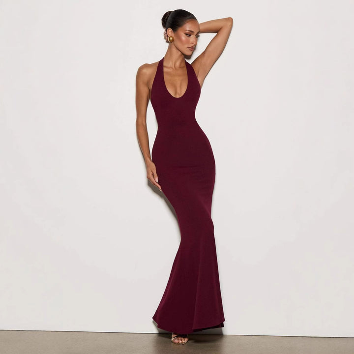 Damen Elegantes Bodenkleid mit tiefem V-Ausschnitt und figurbetontem Design Drune