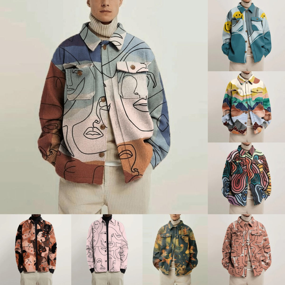 Damen Oversized Wolloptik-Überhemd mit asymmetrischem Vogelprint und Pattentasche Drune