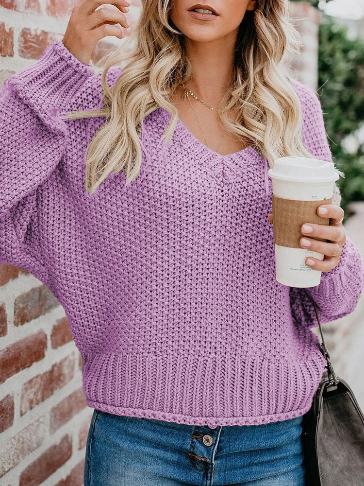 Damen Oversize Grobstrickpullover mit V-Ausschnitt und Rippsaum Drune
