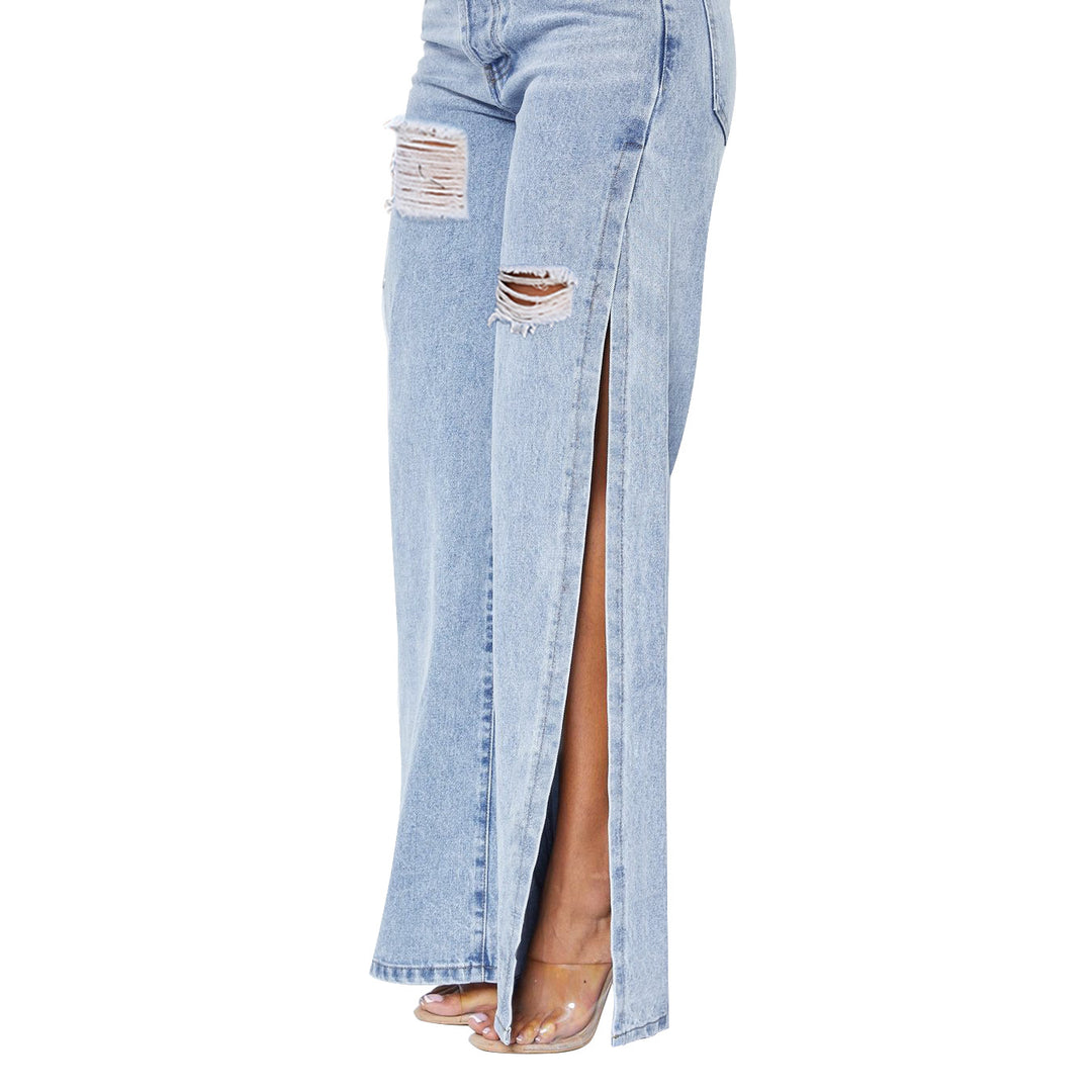 Damen Weite High‑Waist Denim‑Jeans mit hohen Seitenschlitzen und Destroyed‑Details Drune