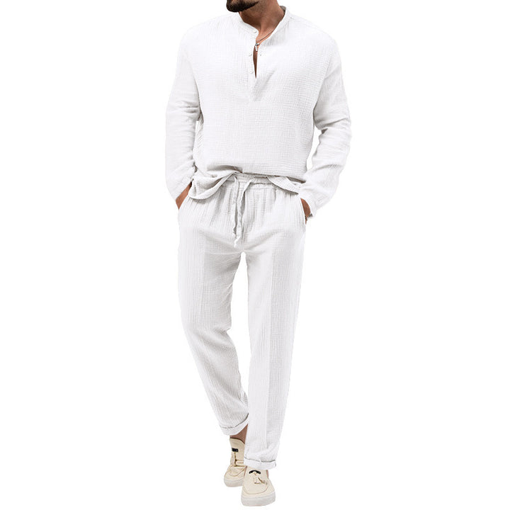 Herren Lässiges Zweiteiliges Lounge-Set aus Baumwoll-Gauze mit Henley-Oberteil und Tunnelzug-Hose Drune