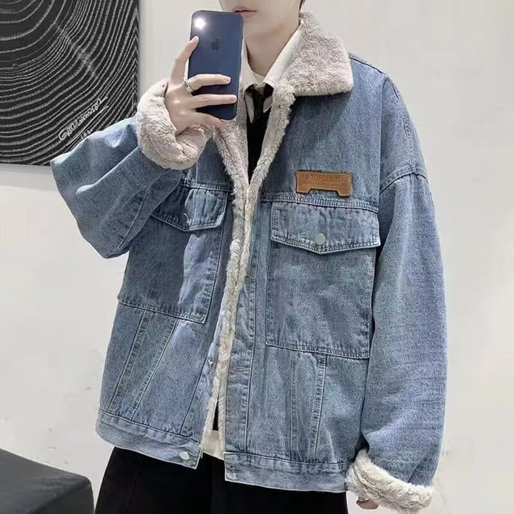 Herren Gefütterte Oversized Denimjacke mit Teddyfutter und Pattentaschen Drune