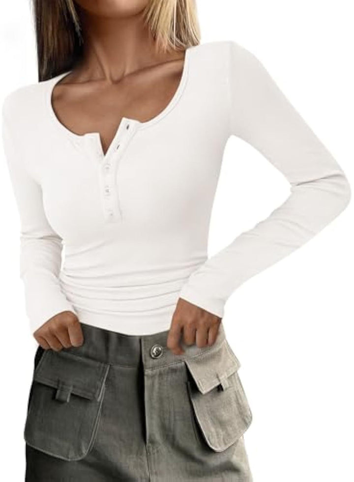 Damen Langärmeliges Rippshirt mit Henley-Knopfleiste und taillierter Passform Drune