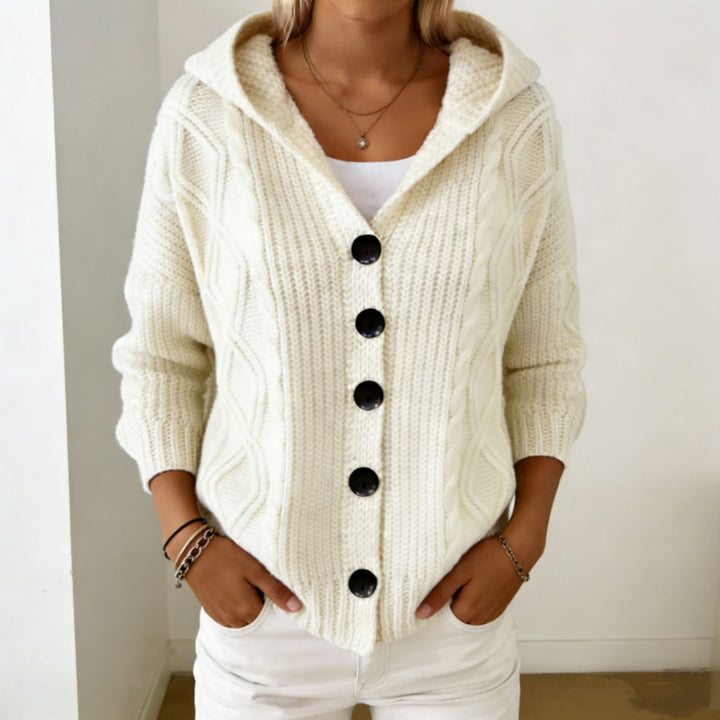 Damen Kapuzen-Cardigan aus grobem Zopfstrick mit Knopfverschluss Drune