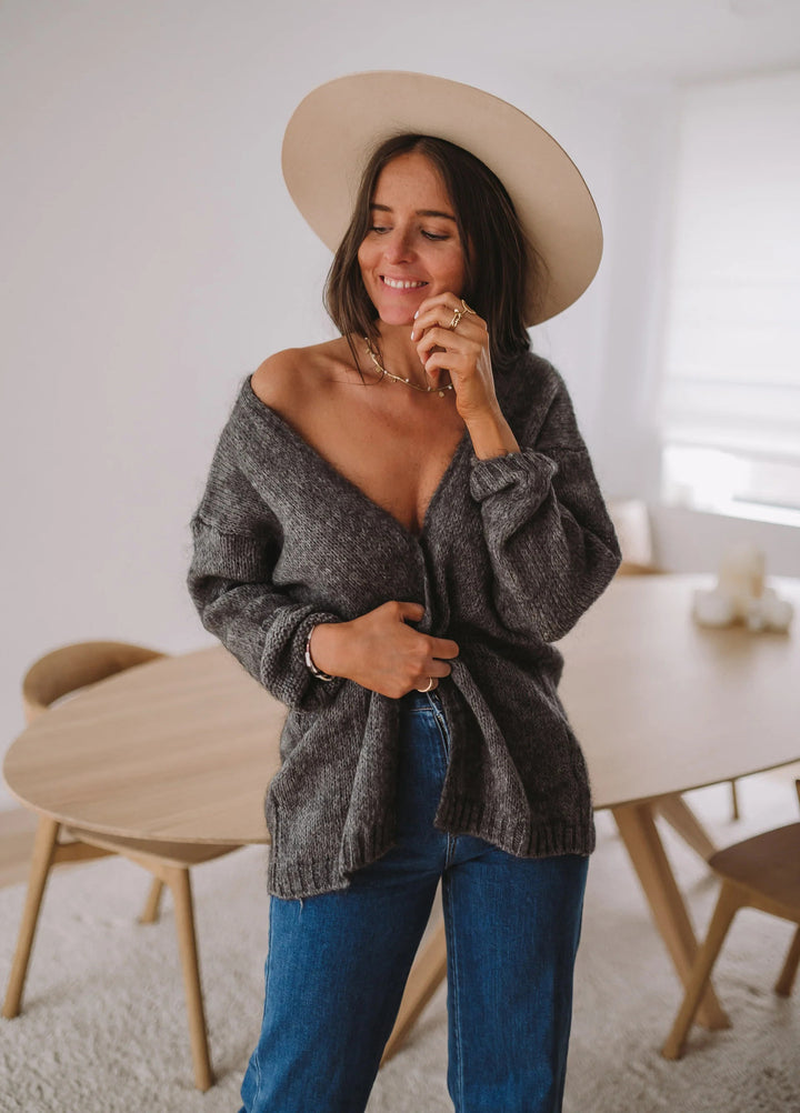 Damen gemütlicher Oversized-Pullover mit tiefem V-Ausschnitt und weicher Textur Drune