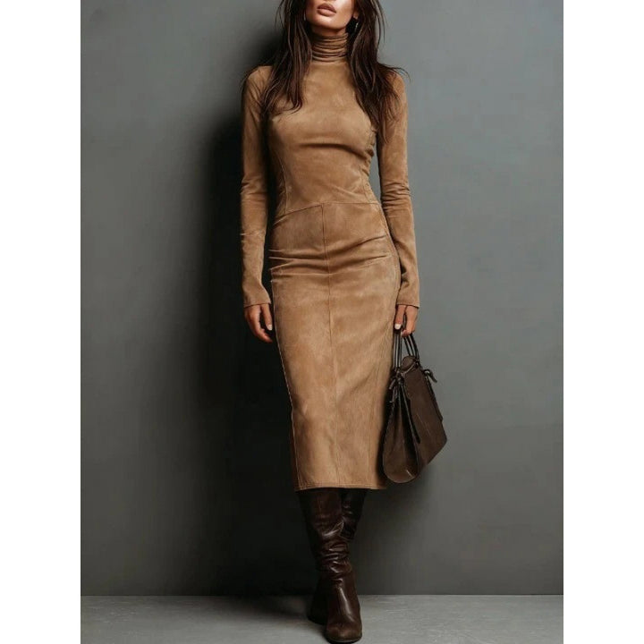 Damen Tailliertes Midi Kleid im Samt-Look mit Rollkragen und maßgeschneiderter Silhouette Drune