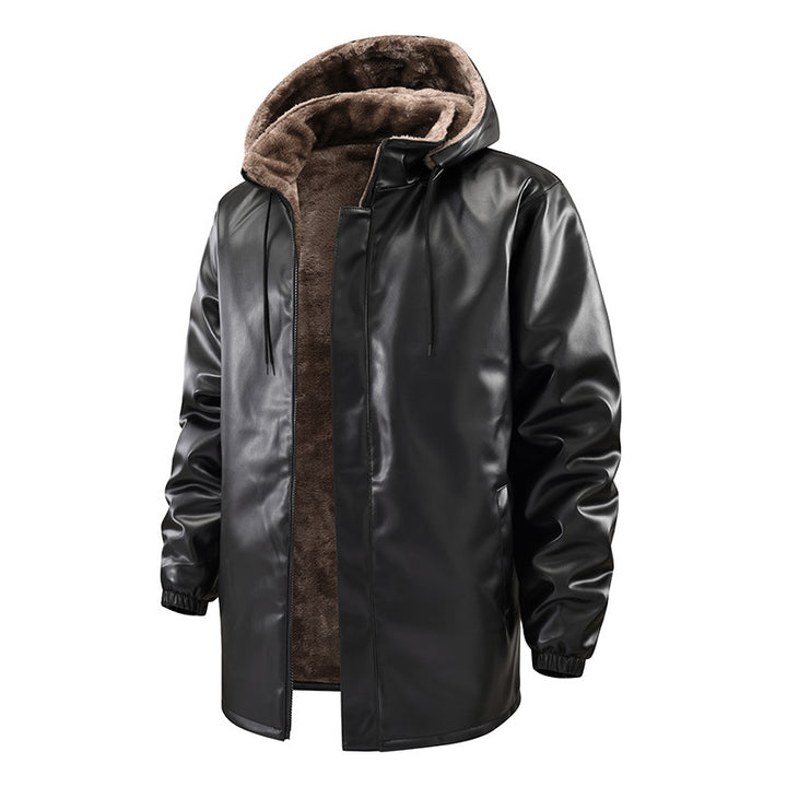 Herren Kunstleder-Parka mit Teddyfutter, Kapuze & verdecktem Reißverschluss Drune