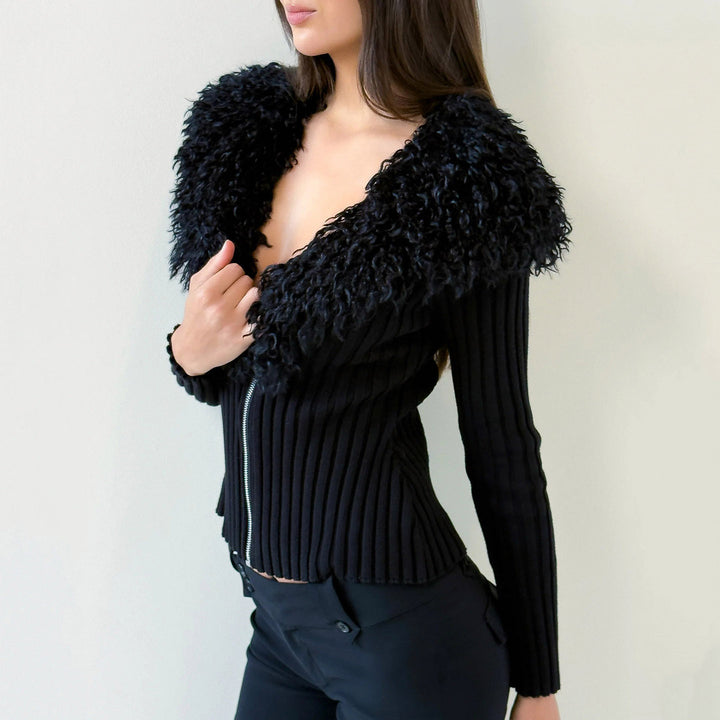 Damen Taillierter Rippstrick-Cardigan mit Reißverschluss und voluminösem Kunstfellkragen Drune