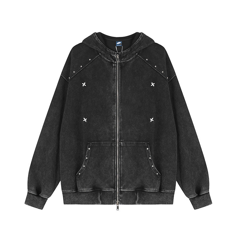 Unisex Oversize-Kapuzen-Zipjacke mit Vintage-Waschung, Metallnieten und Kängurutasche Drune