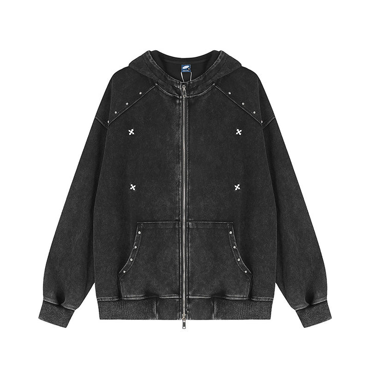 Unisex Oversize-Kapuzen-Zipjacke mit Vintage-Waschung, Metallnieten und Kängurutasche Drune
