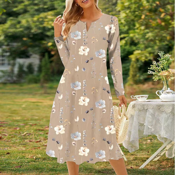 Drune | Bedrucktes V-Ausschnitt Knopf Langarmkleid
