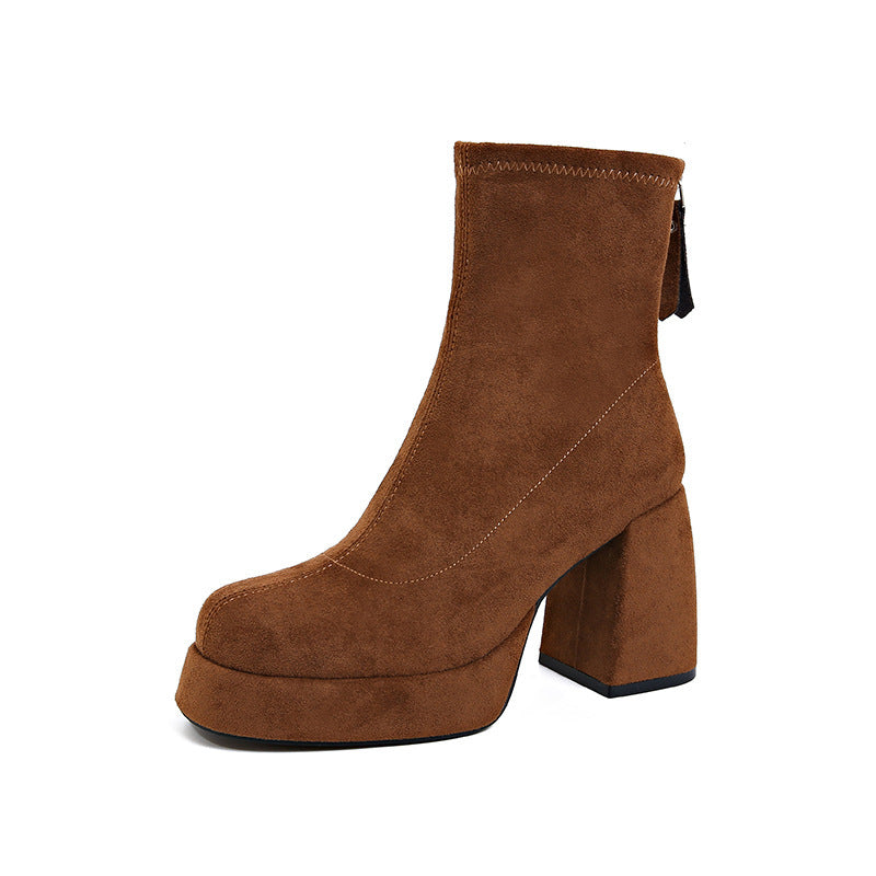 Damen Plateau‑AnklDruneoots aus Veloursleder mit hohem Blockabsatz Drune
