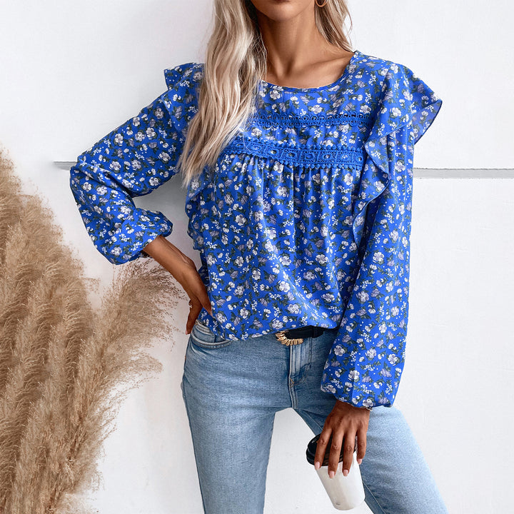 Damen nan romantische Hemdblusenbluse mit Spitzenborte, Volantärmel und lockerer Tunika-Silhouette Drune