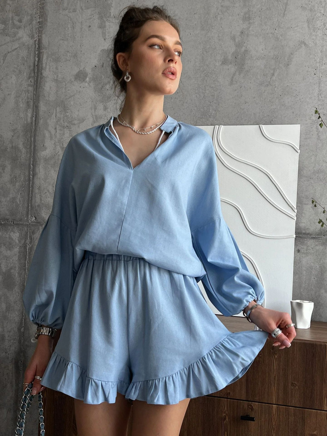 Damen Elegantes und lässiges Kurzarm-Set mit Rüschendetails Drune