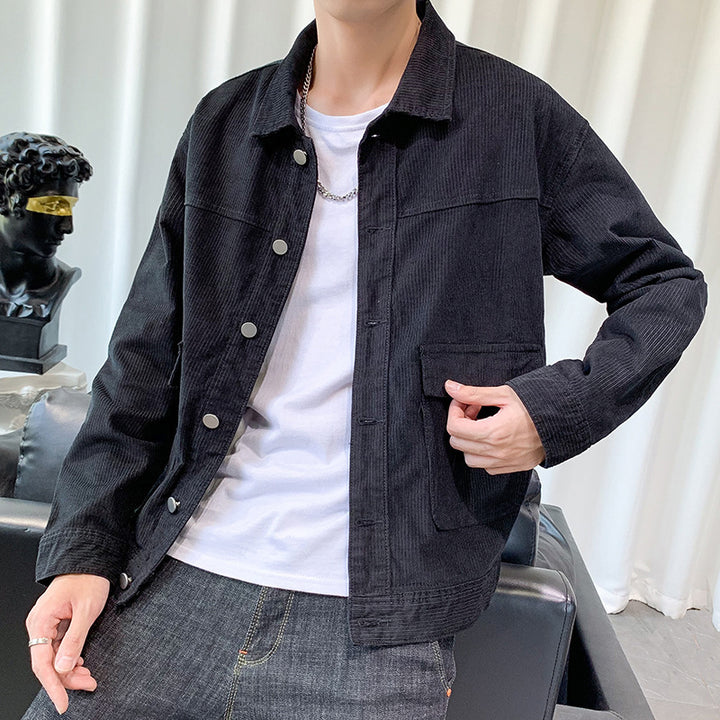 Herren Cordjacke im Worker‑Blouson‑Stil mit Metallknopf‑Verschluss und aufgesetzten Taschen Drune