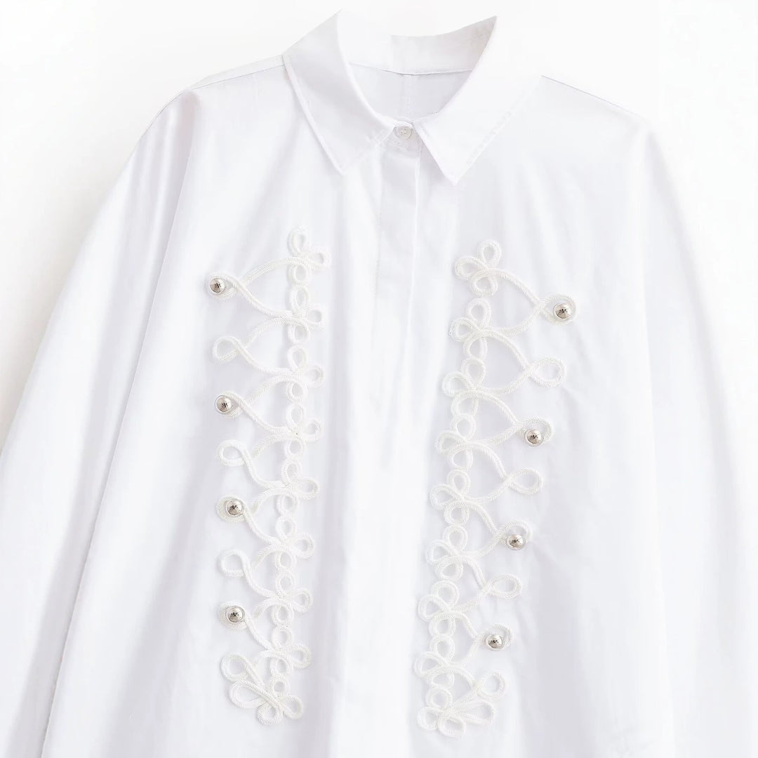Damen Bluse mit dekorativen Froschverschlüssen und Zierkordeln Drune