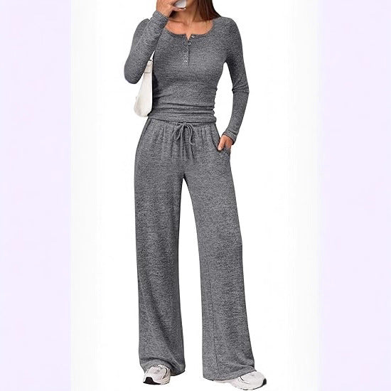 Damen Zweiteiliges Feinstrick-Lounge-Set mit Henley-Top und Palazzo-Hose Drune