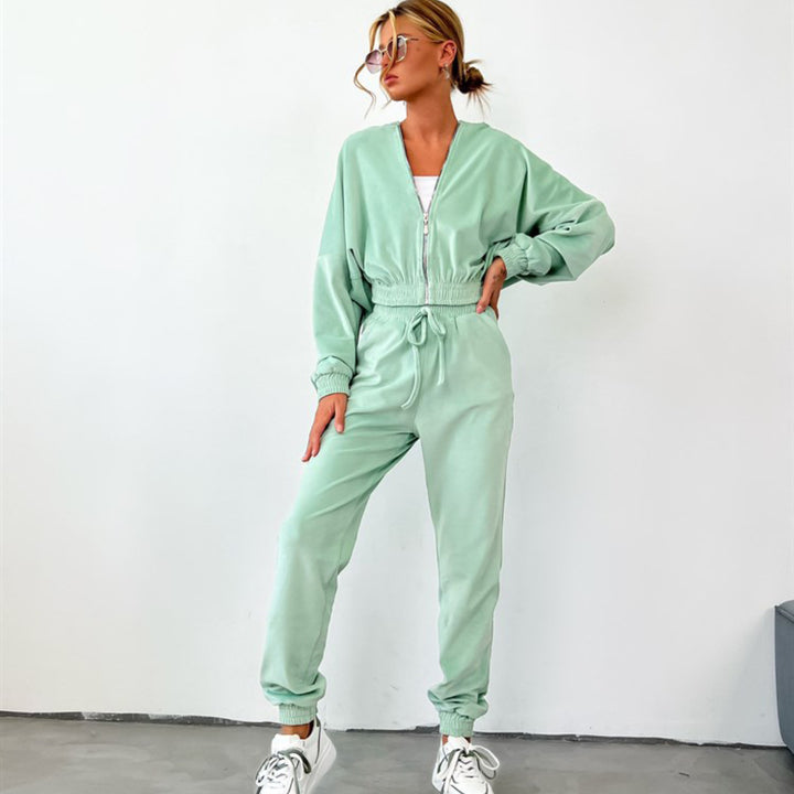 Damen Velours-Halbzip-Hoodie mit hochgeschnittener Jogginghose und Kordelzugbund Drune