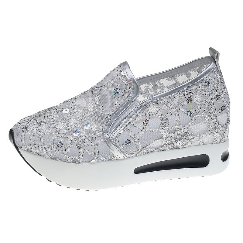 Damen Elegante Keil-Slipper mit transparentem Mesh, Paillettenstickerei und dämpfender Plateau-Sohle Drune