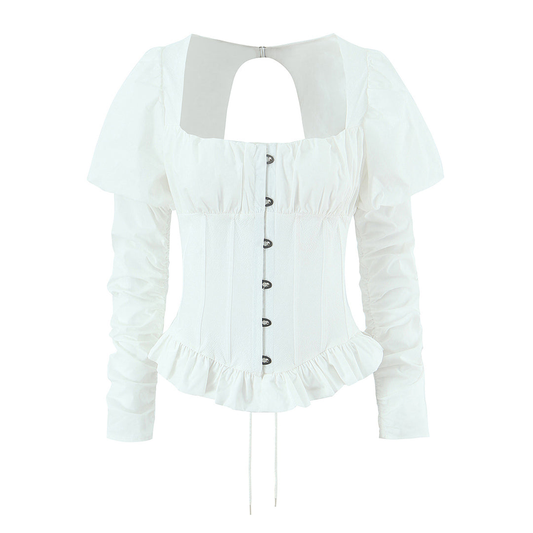 Damen Corsagenbluse mit Puffärmeln, Rüschen-Saum und Schnürdetail Drune