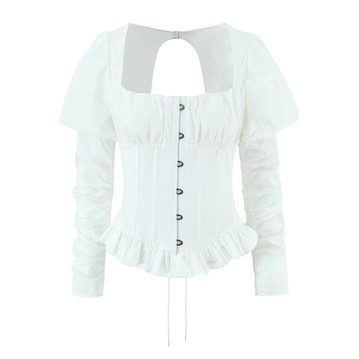 Damen Corsagenbluse mit Puffärmeln, Rüschen-Saum und Schnürdetail Drune