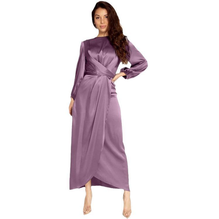 Damen Elegantes Maxikleid aus Satin mit Wickel-Detail, Langarm und Taillenband Drune