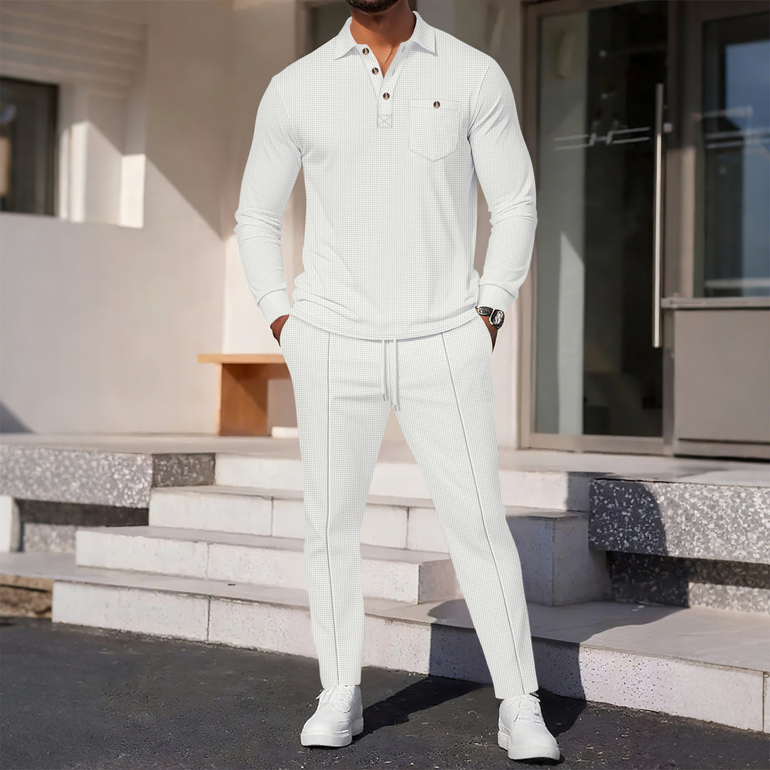 Herren nan feinstrukturiertes Polo-Langarmshirt mit verdeckter Knopfleiste und aufgesetzter Brusttasche Drune