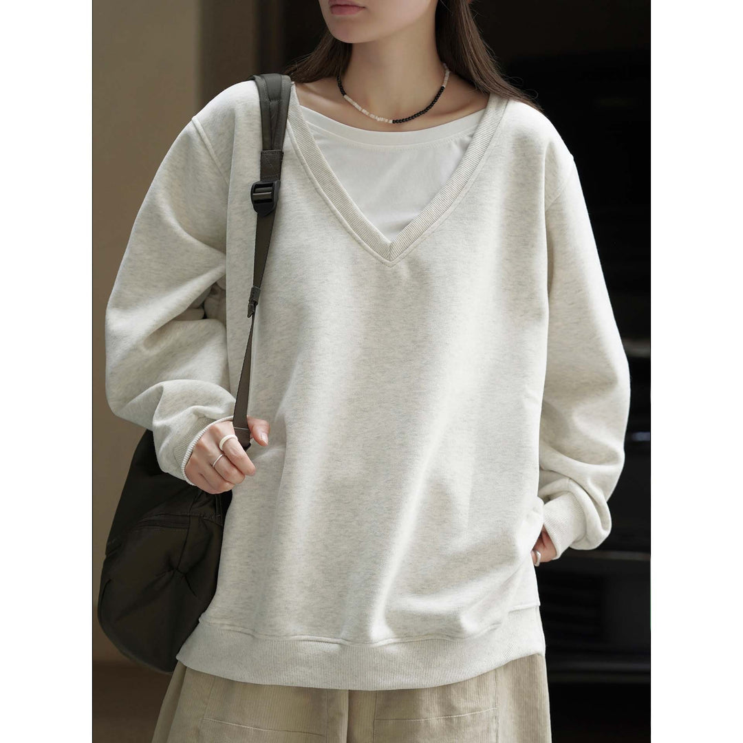 Damen V-Ausschnitt Sweatshirt im Relaxed‑Fit aus Baumwollmix Drune