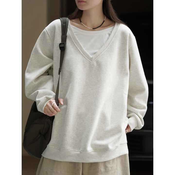 Damen V-Ausschnitt Sweatshirt im Relaxed‑Fit aus Baumwollmix Drune