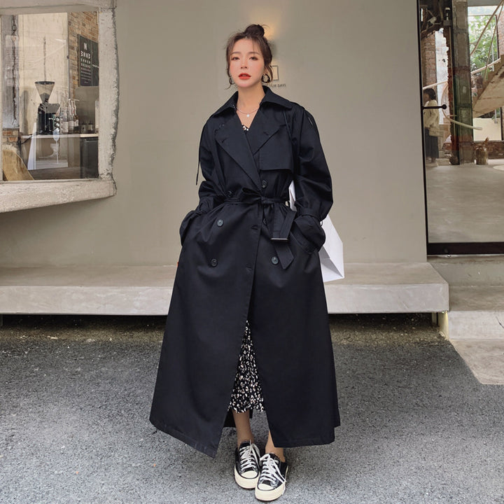 Damen Oversize-Trenchcoat mit Taillengürtel, doppelter Knopfleiste und Sturmklappe Drune