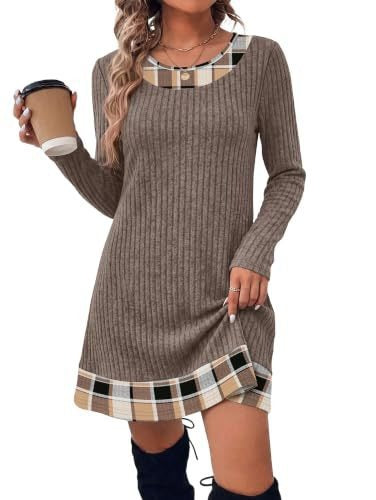 Damen Gerippte Longshirt‑Kleid mit Karierter Saum‑ und Ausschnittblende Drune